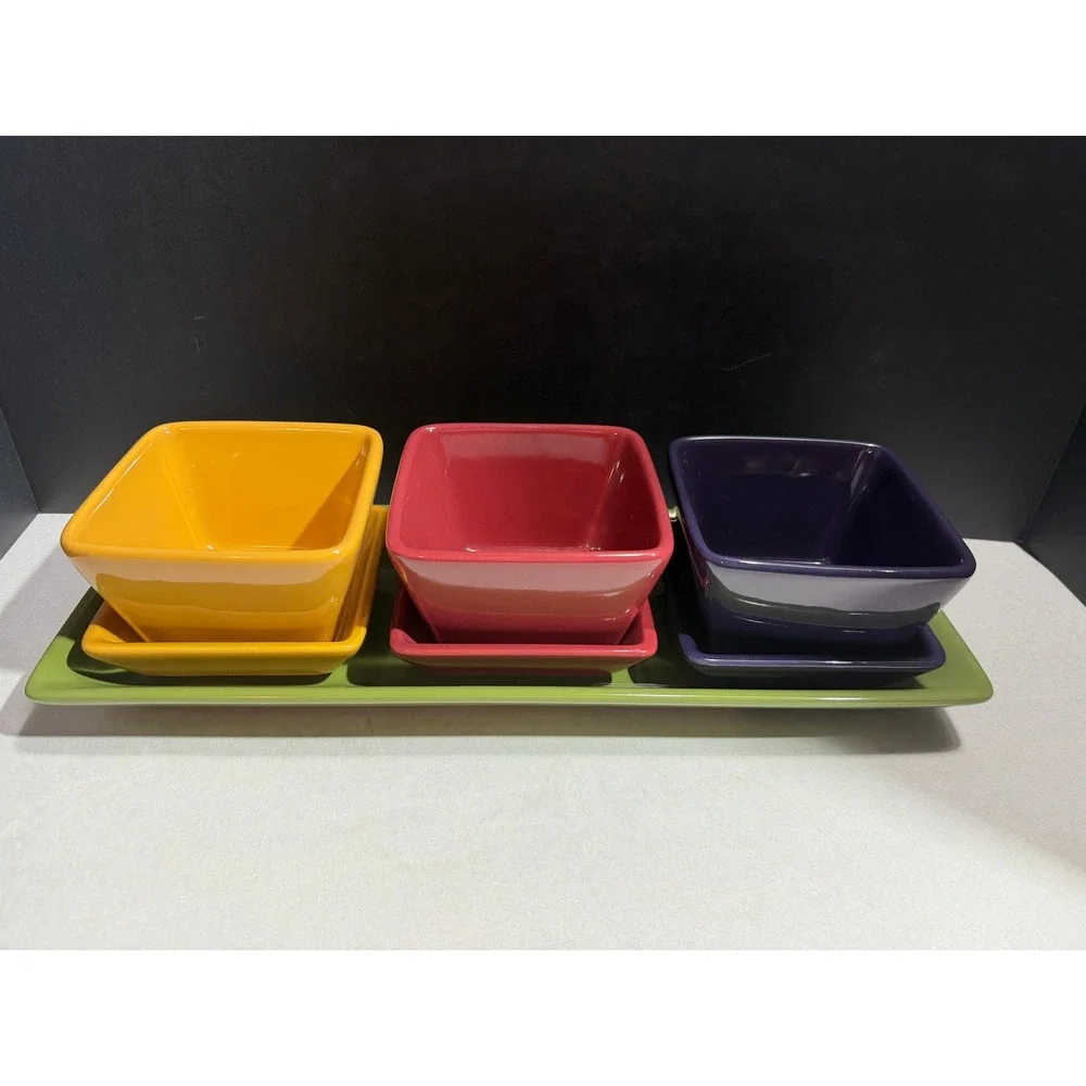 Pampered Chef Simple Additions Multicolor Ceramic 7 Piece Serving Set Bowls Tray